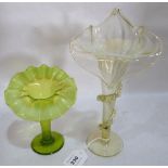 Two Victorian vaseline glass Jack in a pulpit vases, the larger example 10' high