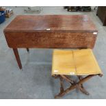 A 19th century oak dropleaf table with frieze drawer 44' long and a folding stool with leather