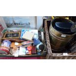 A brass coal bucket, a box of sundries and a wicker hamper