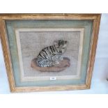 A stumpwork textile, depicting a cat on a cushion. Box framed. 11' x 13½'