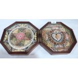A diptych cased shellwork in Sailor's Valentine style. 19" wide open. One glass pane cracked. Of re