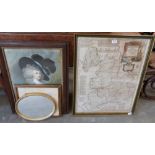 A Bowen map of the County of Lancaster, a portrait print, small mirror and a watercolour