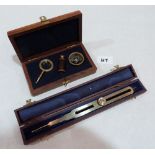 A cased pair of architect's dividers 10½ long and a modern cased compass, telescope and magnifying