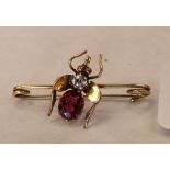An Edwardian gold fly bar brooch, the insect set with an old cut diamond and red stone