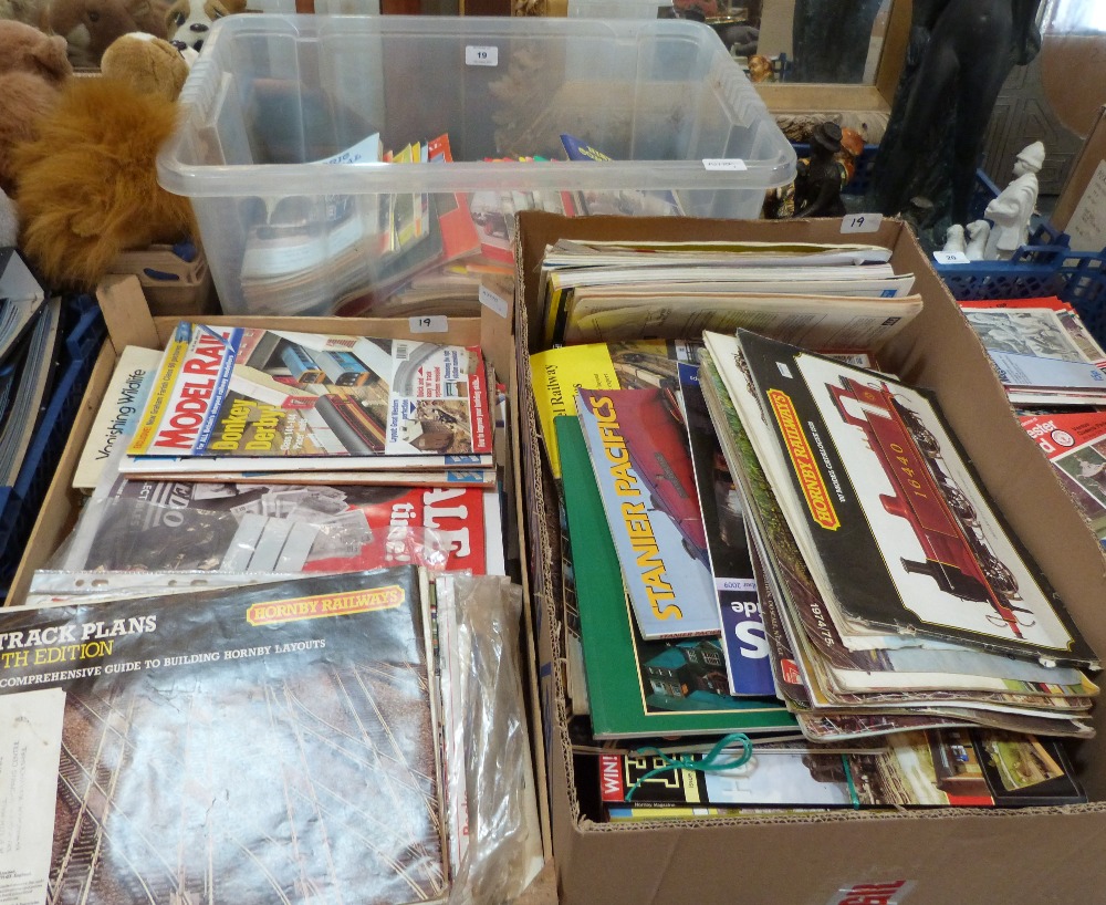 A box of Historic Commercial News, and two boxes of model railway ephemera