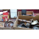 Two boxes of sundry wood and metalware