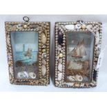 A pair of Edwardian shell-work souvenir dioramas, with marine lithographs in colours, mounted with