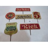 Six small enamel shop display signs, the 'Our Noted' example 6¾' wide