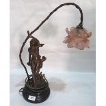 An early 20th century speltar figural table lamp. Glass petal shade damaged. 20' high
