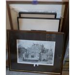 Three framed engravings and a signed print after Gillian Burrows