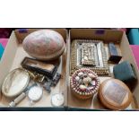 A collection of sundries to include shellwork frame and notepad, treen box etc.