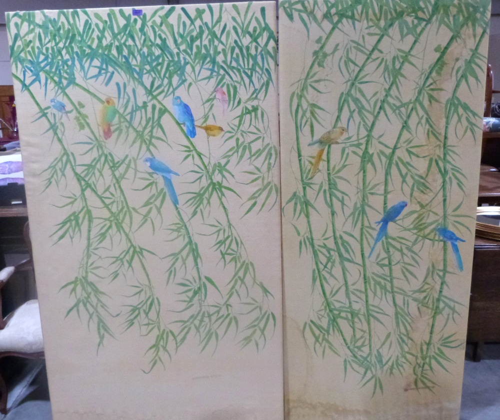 A textile wall screen in two parts, decorated by Darwin Dolinka-Korda with brightly coloured birds