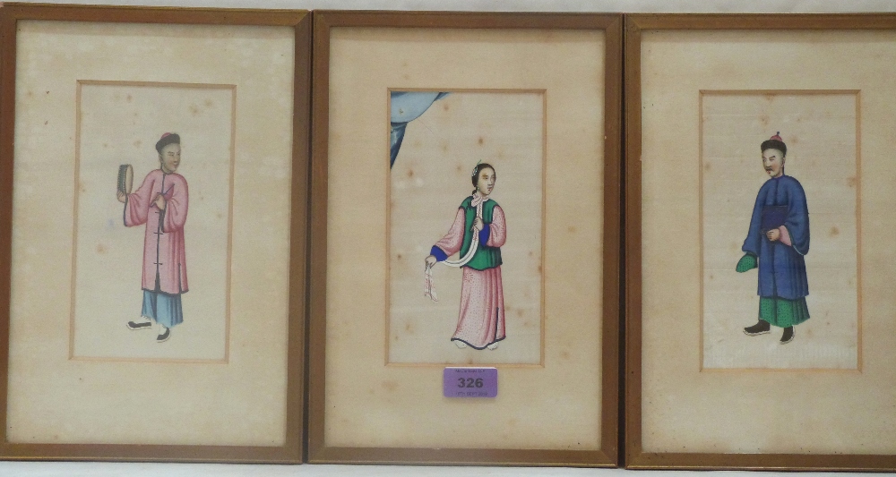 CHINESE SCHOOL 19th CENTURY Three figure studies. Gouache on rice paper 7½' x 4¼'