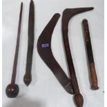 A boomerang; a knobkerry; a carved wood sword; a throwing stick and a truncheon
