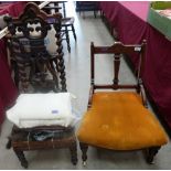 An Edward VII inlaid nursing chair, a Victorian walnut footstool and a Victorian barleytwist prie-