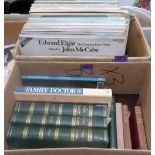 A box of vinyl records and a collection of books