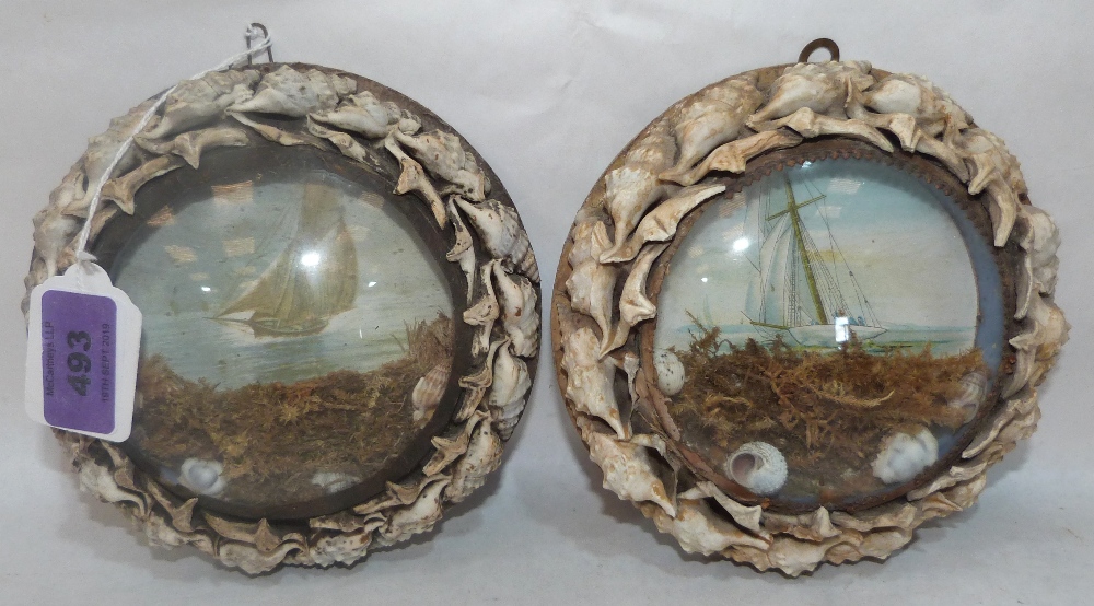 A pair of Edwardian shell-work souvenir dioramas, each with a marine lithograph in colours,