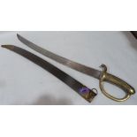 A 19th century cutlass with brass hilt and leather scabbard. Length of blade 23½'