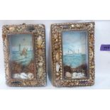 A pair of Edwardian shell-work souvenir dioramas with marine lithographs in colours, mounted with