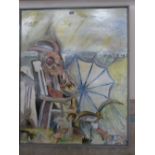 D. HUGHES. BRITISH 20TH CENTURY Abstract, chair and parasol. Signed and dated '85. Oil on board