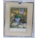 A print after Helen Mortley, Mallard and Cat. Signed 14' x 9½'