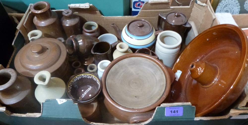 A box of stoneware and pottery