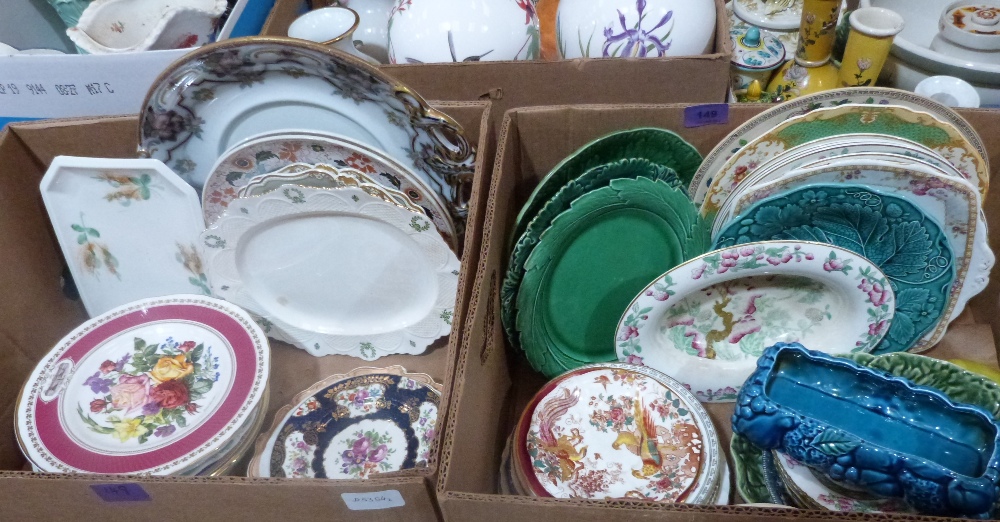 A collection of Victorian green leaf plates and other ceramics