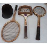 Three vintage tennis racquets and a Harry Hall riding hat