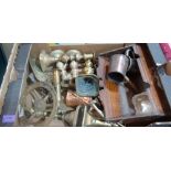 A box of metalware and sundries