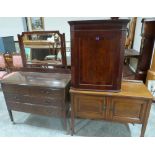 A mahogany dressing chest, an inlaid washstand and a mahogany hanging corner cupboard