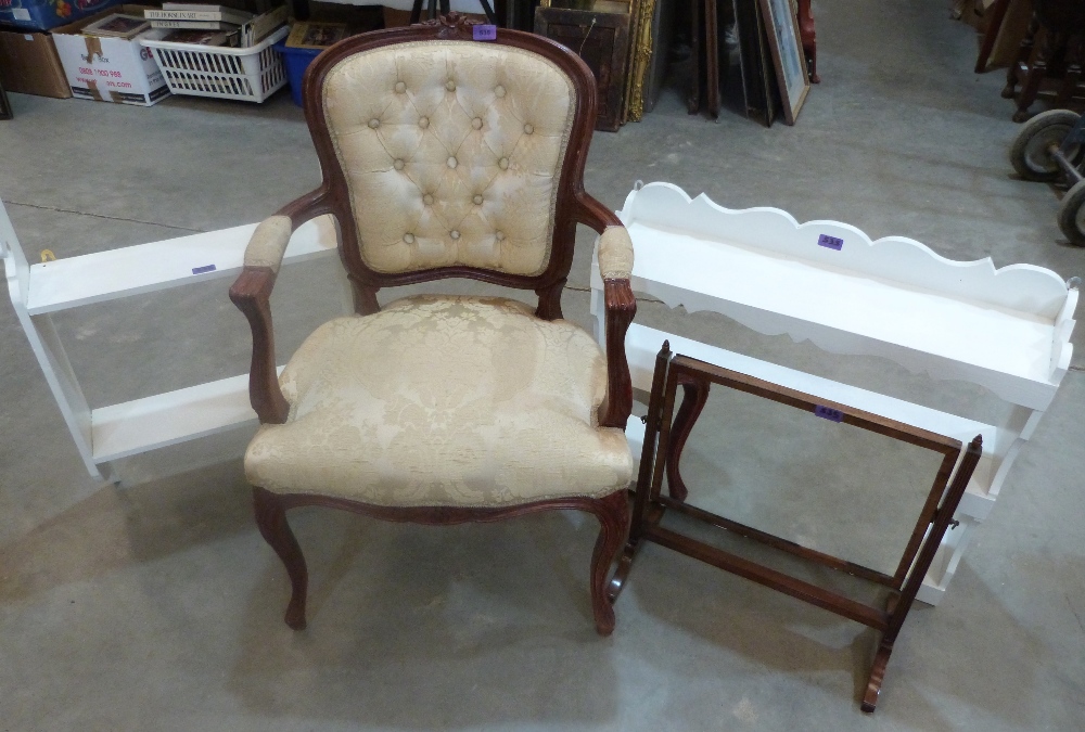 A French style elbow chair, a mahogany dressing table mirror and two sets of painted hanging wall