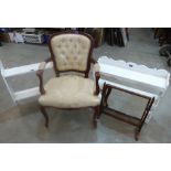 A French style elbow chair, a mahogany dressing table mirror and two sets of painted hanging wall