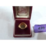 A signet ring. In gold marked 18ct. Size O. 7.5g