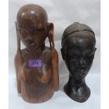 Two African tribal carved lignum-vitae female figures, bust and head. The bust 11½' high
