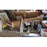 Two boxes of metalware, plate, books and sundries