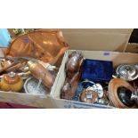 Two boxes of sundry wood, metalware and plate