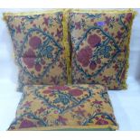 Three French Louis XV needlework cushions with red floral pattern 'a la rose' c.1750 20' x 13'