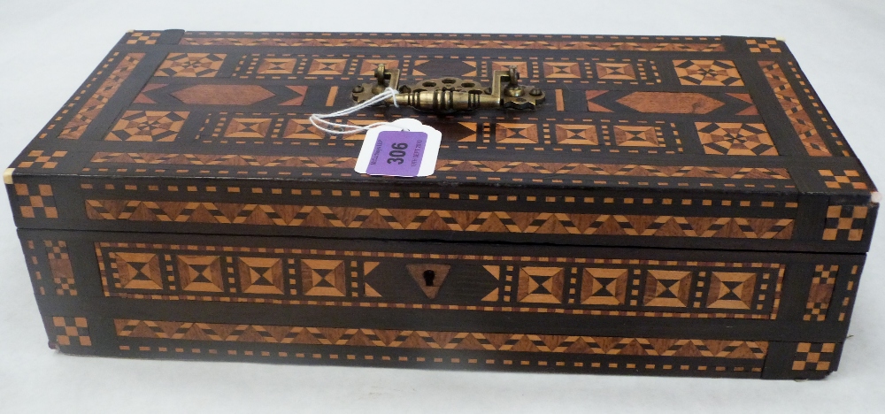 A 19th century Anglo-Indian parquetry and inlaid box with compartmented interior. 13¾' wide