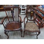 A mahogany stickback elbow chair and another with inlaid interlaced splat