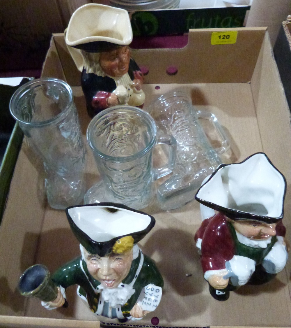 Three Toby jugs and three novelty boot glasses