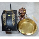 A Victorian coal scuttle, a copper samovar and two brass bowls