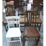 Three continental oak caned chairs, an oak barleytwist chair and a painted chair