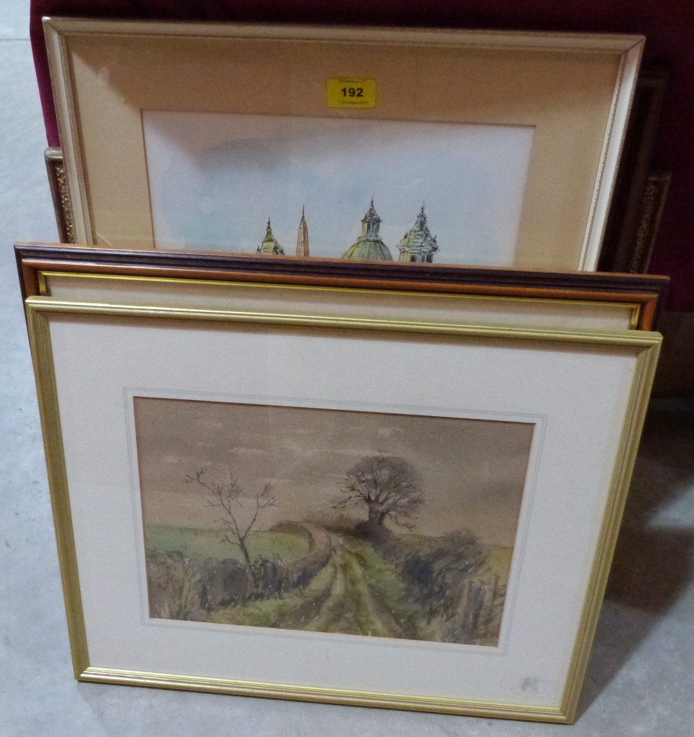 A collection of framed watercolour drawings