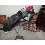 Golf clubs, trolley and bag