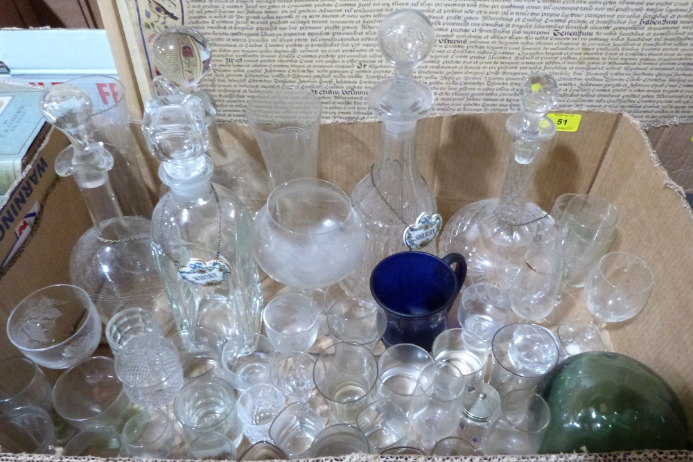 A box of decanters and miscellaneous glassware