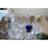 A box of decanters and miscellaneous glassware