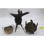 A Japanese bronze koro, the cover with dog of fo finial, 3¼' diam; a bronze libation cup and a small