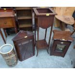 A coal purdonium, an Edwardian mahogany jardiniere stand, a small corner cupboard and a ceramic