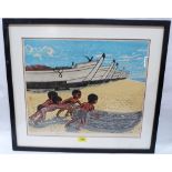 GYOJIN MURAKAMI. JAPANESE 1911-1998 A beach scene with fishing boats and figures. Signed in