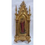 A late 19th century Italian gothic carved giltwood framed tabernacle icon, painted with an angel